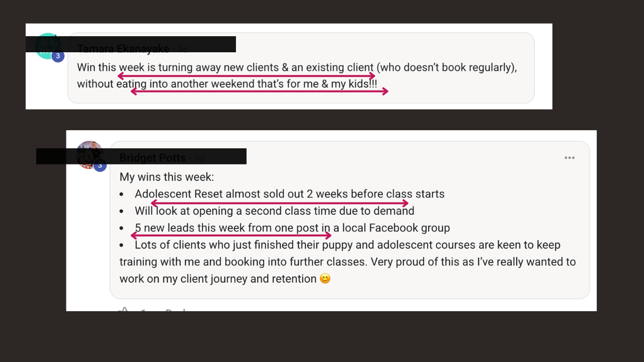 Client wins: Tamara turning away new clients while protecting her weekends; Bridget's Adolescent Reset almost sold out 2 weeks early, opening a second class time, 5 new leads from one Facebook post, and strong client retention into further classes
