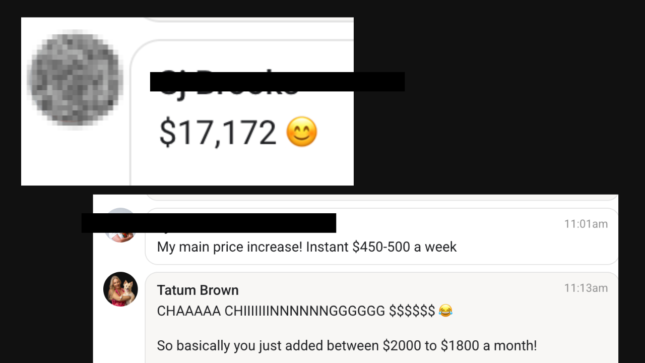 Client wins: $17,172 result; main price increase adding $450-500 a week, which means roughly $1,800-$2,000 more a month