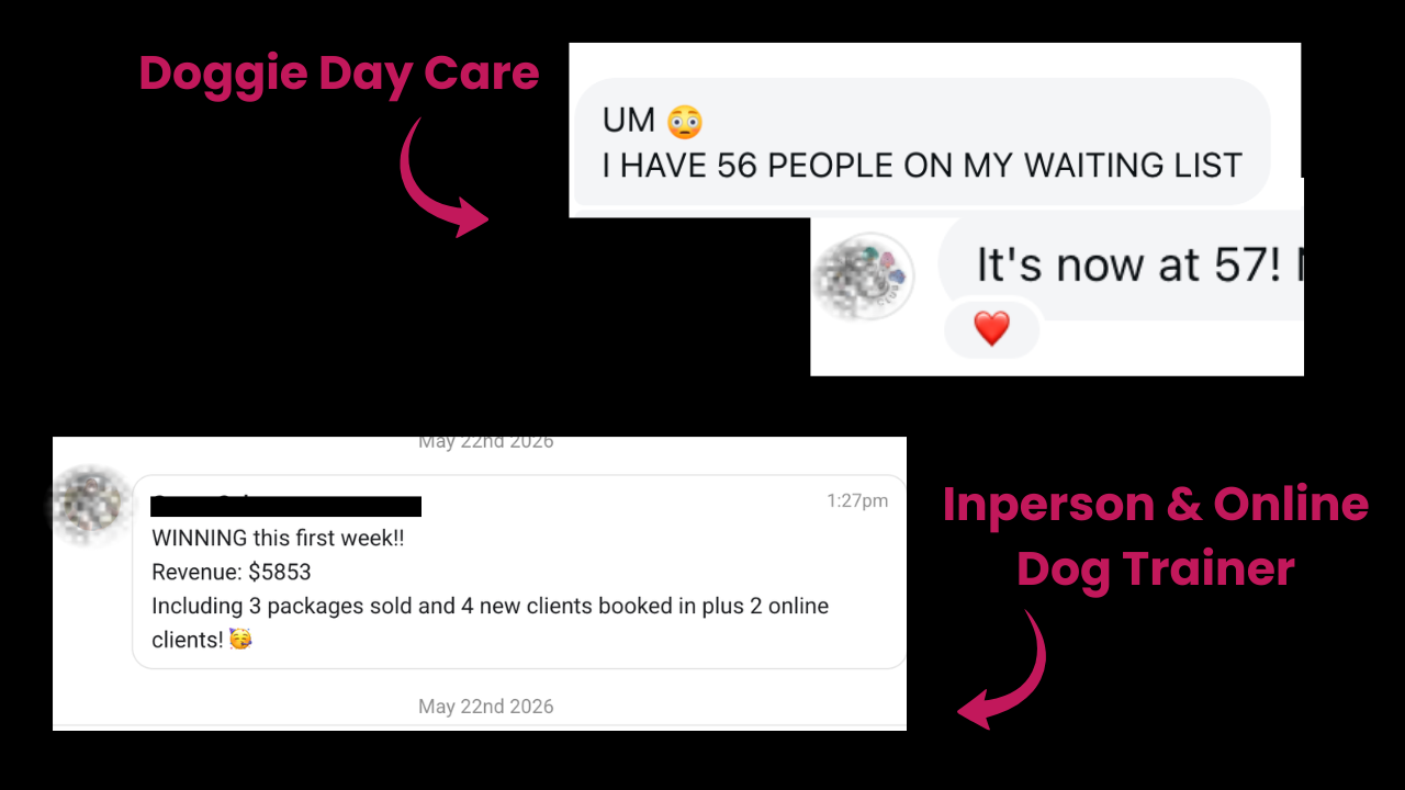 Doggie day care client at 57 on waiting list; dog trainer first week revenue $5,853