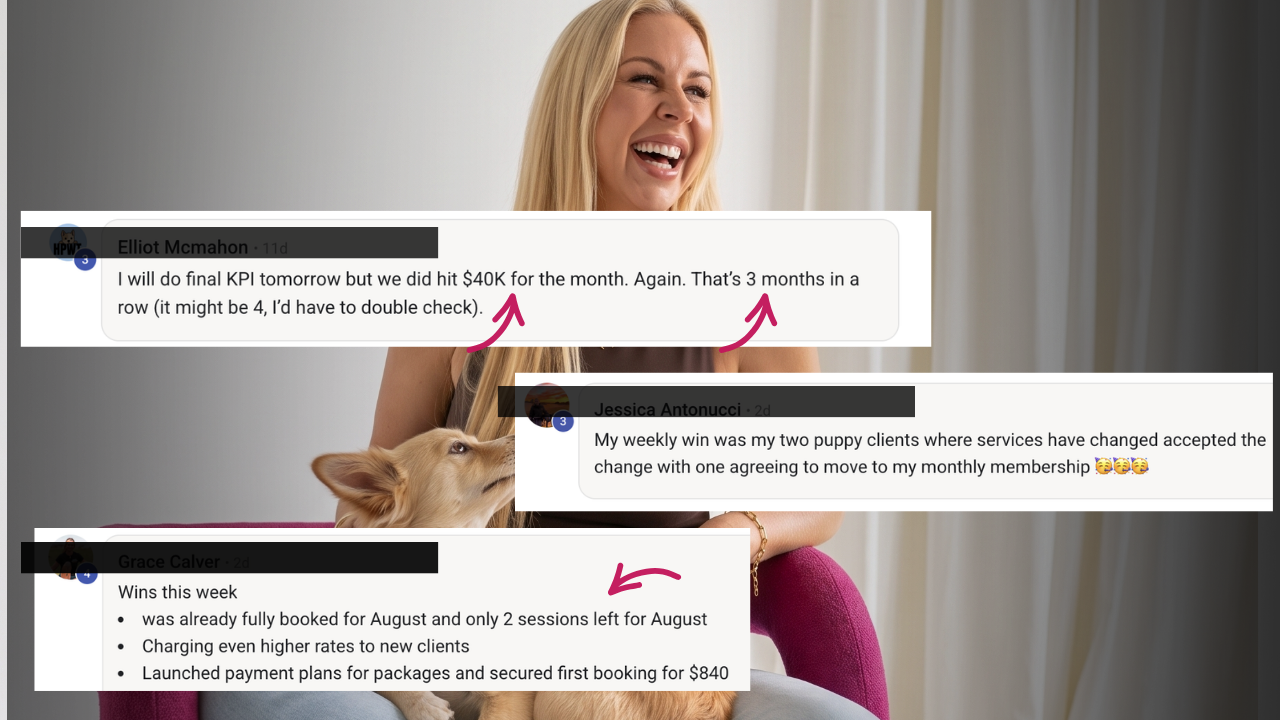 Client wins: Elliot hit $40K for the month, three months in a row; Jessica converted two puppy clients to a monthly membership; Grace fully booked for August, charging higher rates and secured an $840 payment plan booking